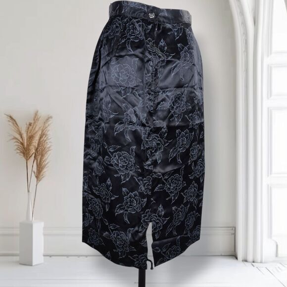 Vintage 80s Peplum Satin Midi Skirt Set Size 6 Black Floral Rose Print Goth - Picture 15 of 16